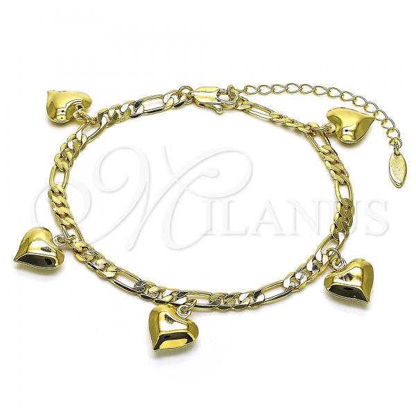 Oro Laminado Charm Anklet , Gold Filled Style Heart and Figaro Design, Polished, Golden Finish, 03.383.0024.1.10