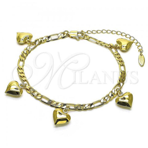 Oro Laminado Charm Anklet , Gold Filled Style Heart and Figaro Design, Polished, Golden Finish, 03.383.0024.1.10
