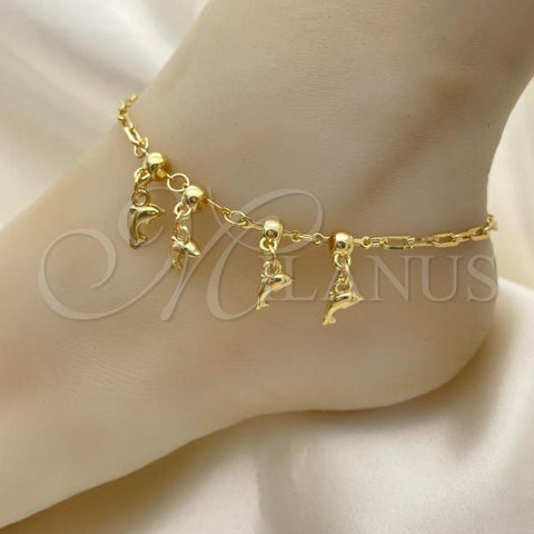 Oro Laminado Charm Anklet , Gold Filled Style Dolphin and Ball Design, Polished, Golden Finish, 03.32.0612.10