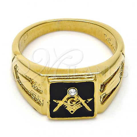 Oro Laminado Mens Ring, Gold Filled Style with White Crystal, Black Enamel Finish, Golden Finish, 01.185.0012.12 (Size 12)
