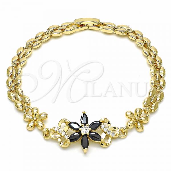 Oro Laminado Fancy Bracelet, Gold Filled Style Flower Design, with Black and White Cubic Zirconia, Polished, Golden Finish, 03.357.0010.3.07