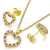 Oro Laminado Earring and Pendant Adult Set, Gold Filled Style Heart Design, with Garnet and White Micro Pave, Polished, Golden Finish, 10.94.0005.1