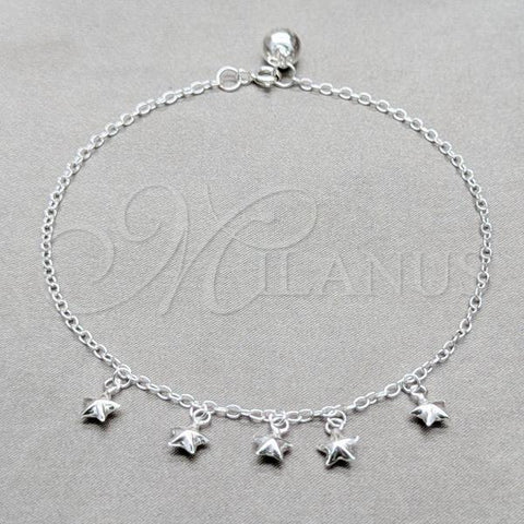 Sterling Silver Fancy Anklet, Star Design, Polished, Silver Finish, 03.409.0056.10