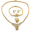 Oro Laminado Necklace, Bracelet, Earring and Ring, Gold Filled Style Flower and Teardrop Design, with White Micro Pave, Polished, Golden Finish, 06.118.0004