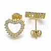 Oro Laminado Stud Earring, Gold Filled Style Heart Design, with White Micro Pave, Polished, Golden Finish, 02.94.0122