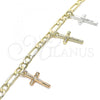 Oro Laminado Charm Bracelet, Gold Filled Style Crucifix Design, Polished, Tricolor, 03.351.0115.07