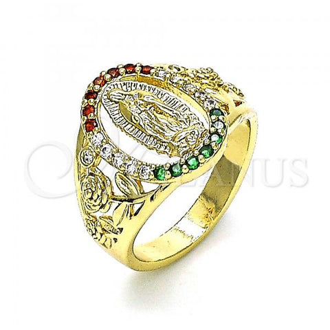 Oro Laminado Multi Stone Ring, Gold Filled Style Guadalupe and Flower Design, with Multicolor Cubic Zirconia, Polished, Golden Finish, 01.380.0025.1.07