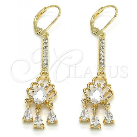 Oro Laminado Long Earring, Gold Filled Style Teardrop Design, with White Cubic Zirconia, Polished, Golden Finish, 02.210.0170