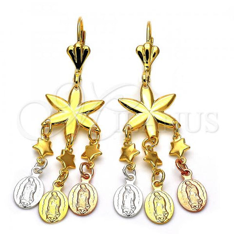Oro Laminado Chandelier Earring, Gold Filled Style Guadalupe and Flower Design, Polished, Tricolor, 59.012