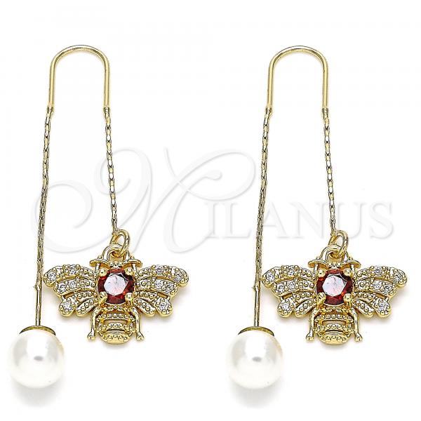 Oro Laminado Threader Earring, Gold Filled Style Bee Design, with Garnet and White Cubic Zirconia, Polished, Golden Finish, 02.210.0357.1