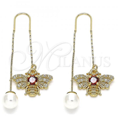Oro Laminado Threader Earring, Gold Filled Style Bee Design, with Garnet and White Cubic Zirconia, Polished, Golden Finish, 02.210.0357.1