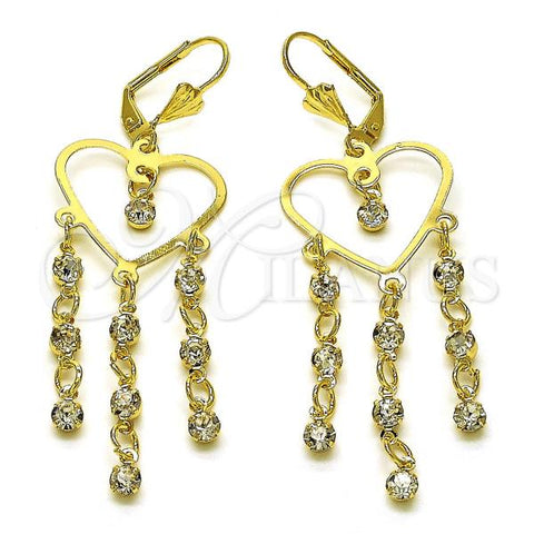 Oro Laminado Long Earring, Gold Filled Style Heart Design, with White Crystal, Polished, Golden Finish, 02.414.0004