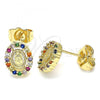 Oro Laminado Stud Earring, Gold Filled Style Guadalupe Design, with Multicolor Micro Pave, Polished, Golden Finish, 02.210.0433.1