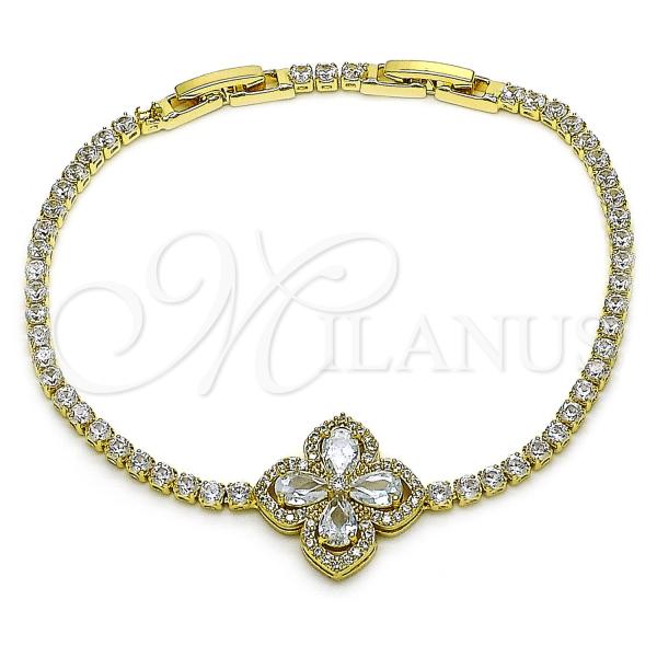 Oro Laminado Tennis Bracelet, Gold Filled Style Four-leaf Clover Design, with White Cubic Zirconia and White Micro Pave, Polished, Golden Finish, 03.284.0038.5.08