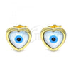 Oro Laminado Stud Earring, Gold Filled Style Evil Eye and Heart Design, with White Mother of Pearl, Polished, Golden Finish, 02.156.0590