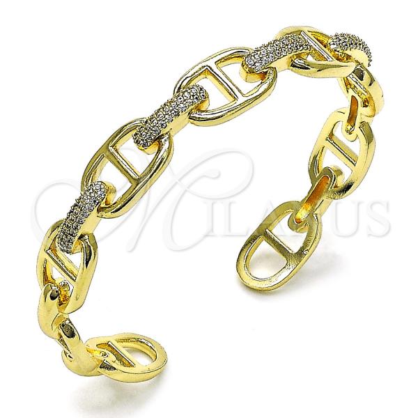 Oro Laminado Individual Bangle, Gold Filled Style Puff Mariner Design, with White Micro Pave, Polished, Golden Finish, 07.60.0018