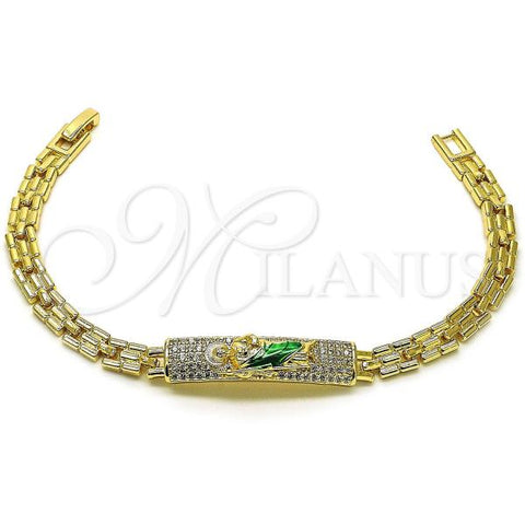 Oro Laminado Fancy Bracelet, Gold Filled Style San Judas and Nameplate Design, with White Cubic Zirconia, Polished, Tricolor, 03.411.0050.08