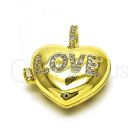 Oro Laminado Locket Pendant, Gold Filled Style Heart and Love Design, with White Micro Pave, Polished, Golden Finish, 05.341.0077