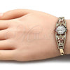 Oro Laminado Fancy Bracelet, Gold Filled Style San Judas and Flower Design, with Multicolor Crystal, Polished, Tricolor, 03.380.0086.08