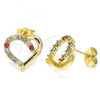 Oro Laminado Stud Earring, Gold Filled Style Heart Design, with Multicolor Cubic Zirconia, Polished, Golden Finish, 02.210.0440.2