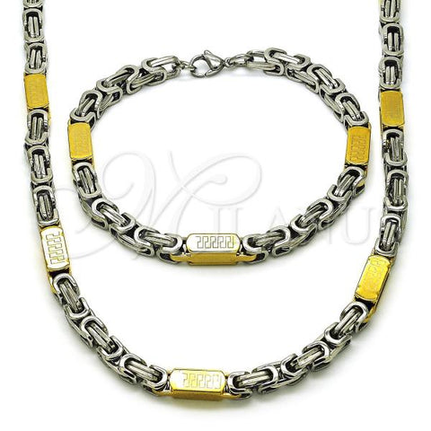 Stainless Steel Necklace and Bracelet, Greek Key Design, Polished, Two Tone, 06.116.0062.1