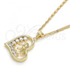 Oro Laminado Pendant Necklace, Gold Filled Style Heart and Bow Design, with White Cubic Zirconia, Polished, Golden Finish, 04.195.0013.20