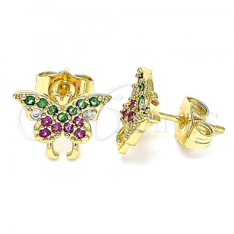 Oro Laminado Stud Earring, Gold Filled Style Butterfly Design, with Multicolor Micro Pave, Polished, Golden Finish, 02.210.0354.1