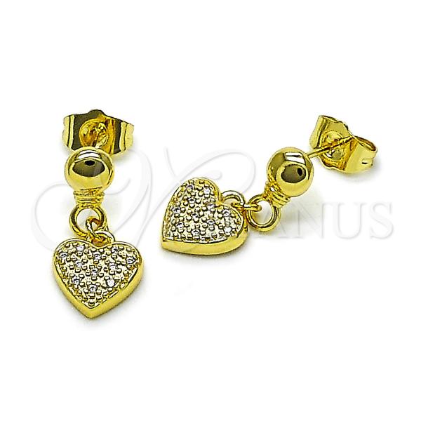 Oro Laminado Dangle Earring, Gold Filled Style Heart Design, with White Cubic Zirconia, Polished, Golden Finish, 02.156.0699