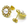 Oro Laminado Stud Earring, Gold Filled Style Flower Design, with Ivory Pearl, Polished, Golden Finish, 02.379.0040