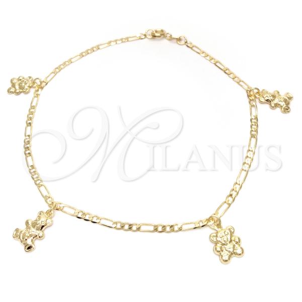 Oro Laminado Charm Anklet , Gold Filled Style Teddy Bear and Figaro Design, Polished, Golden Finish, 03.58.0008.10