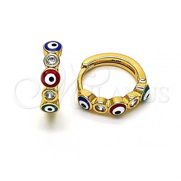 Oro Laminado Huggie Hoop, Gold Filled Style Evil Eye Design, with White Cubic Zirconia, Multicolor Enamel Finish, Golden Finish, 02.213.0196.3.15