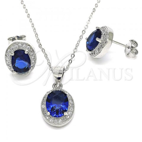 Sterling Silver Earring and Pendant Adult Set, with Sapphire Blue Cubic Zirconia and White Micro Pave, Polished, Rhodium Finish, 10.175.0077.1