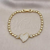 Oro Laminado Fancy Bracelet, Gold Filled Style Heart Design, with White Micro Pave, Polished, Golden Finish, 03.283.0364.07