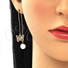 Oro Laminado Threader Earring, Gold Filled Style Butterfly Design, with White Micro Pave, Polished, Golden Finish, 02.210.0335