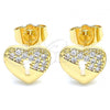 Oro Laminado Stud Earring, Gold Filled Style Heart Design, with White Micro Pave, Polished, Golden Finish, 02.210.0416