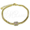 Oro Laminado Fancy Bracelet, Gold Filled Style Miami Cuban Design, with Pink Cubic Zirconia and White Micro Pave, Polished, Golden Finish, 03.213.0162.3.07