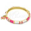 Oro Laminado Individual Bangle, Gold Filled Style Butterfly Design, with White Crystal, Pink Enamel Finish, Golden Finish, 07.254.0001.3.03 (06 MM Thickness, Size 3 - 2.00 Diameter)