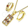 Oro Laminado Earring and Pendant Adult Set, Gold Filled Style Heart Design, with Garnet and White Cubic Zirconia, Polished, Golden Finish, 10.210.0155.1