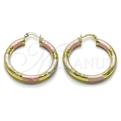 Oro Laminado Medium Hoop, Gold Filled Style Hollow Design, Diamond Cutting Finish, Tricolor, 02.213.0313.1.40
