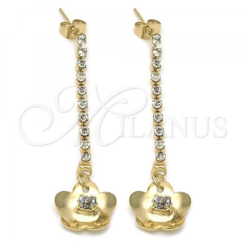 Oro Laminado Long Earring, Gold Filled Style Flower Design, with  Cubic Zirconia, Golden Finish, 88.02