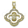 Oro Laminado Religious Pendant, Gold Filled Style San Judas and Four-leaf Clover Design, with Ivory Mother of Pearl and White Cubic Zirconia, Polished, Golden Finish, 05.253.0196