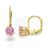 Oro Laminado Leverback Earring, Gold Filled Style with Pink Cubic Zirconia, Polished, Golden Finish, 5.128.093