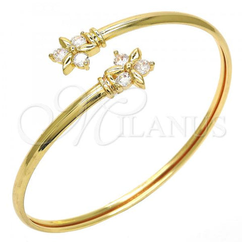 Oro Laminado Individual Bangle, Gold Filled Style Flower Design, with White Cubic Zirconia, Polished, Golden Finish, 07.193.0019.1 (04 MM Thickness, One size fits all)