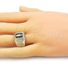 Oro Laminado Elegant Ring, Gold Filled Style San Judas and Greek Key Design, Black Enamel Finish, Golden Finish, 01.411.0004