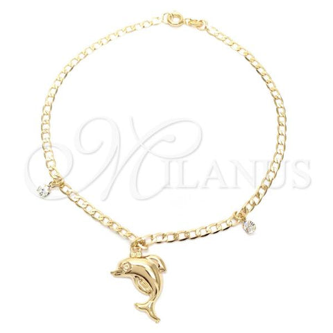 Oro Laminado Charm Anklet , Gold Filled Style Dolphin and Curb Design, with White Cubic Zirconia, Polished, Golden Finish, 03.58.0021.10