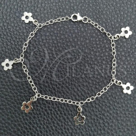 Sterling Silver Charm Bracelet, Flower and Rolo Design, Polished, Silver Finish, 03.392.0011.07