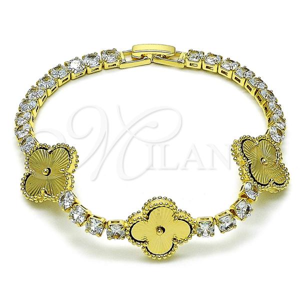 Oro Laminado Fancy Bracelet, Gold Filled Style Four-leaf Clover Design, with White Cubic Zirconia, Diamond Cutting Finish, Golden Finish, 03.284.0055.07