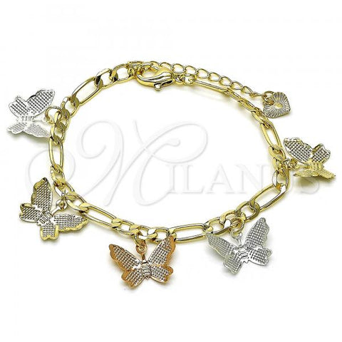 Oro Laminado Charm Bracelet, Gold Filled Style Butterfly Design, Polished, Tricolor, 03.351.0149.07