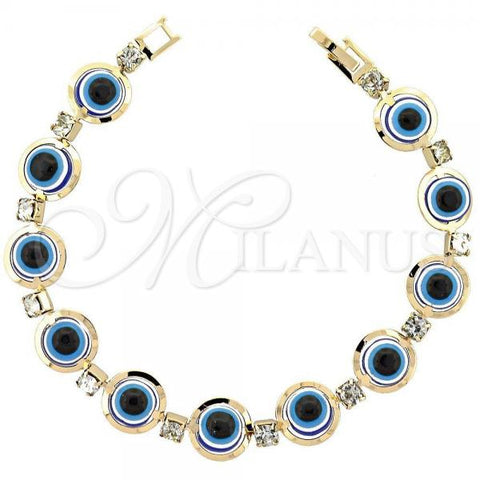 Oro Laminado Fancy Bracelet, Gold Filled Style Evil Eye Design, with White Cubic Zirconia, Blue Resin Finish, Golden Finish, 03.151.0002