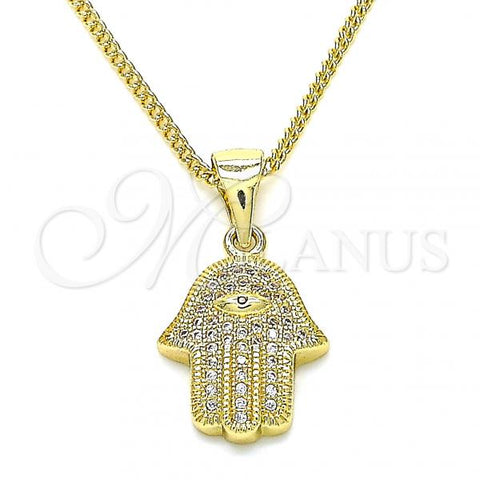 Oro Laminado Pendant Necklace, Gold Filled Style Hand of God Design, with White and Ruby Micro Pave, Polished, Golden Finish, 04.156.0414.20